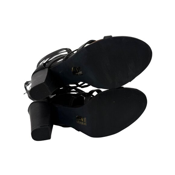 NIB ShoeDazzle Black Vegan Leather Back Zipper Strappy Gladiator Heeled Sandals - Picture 12 of 16